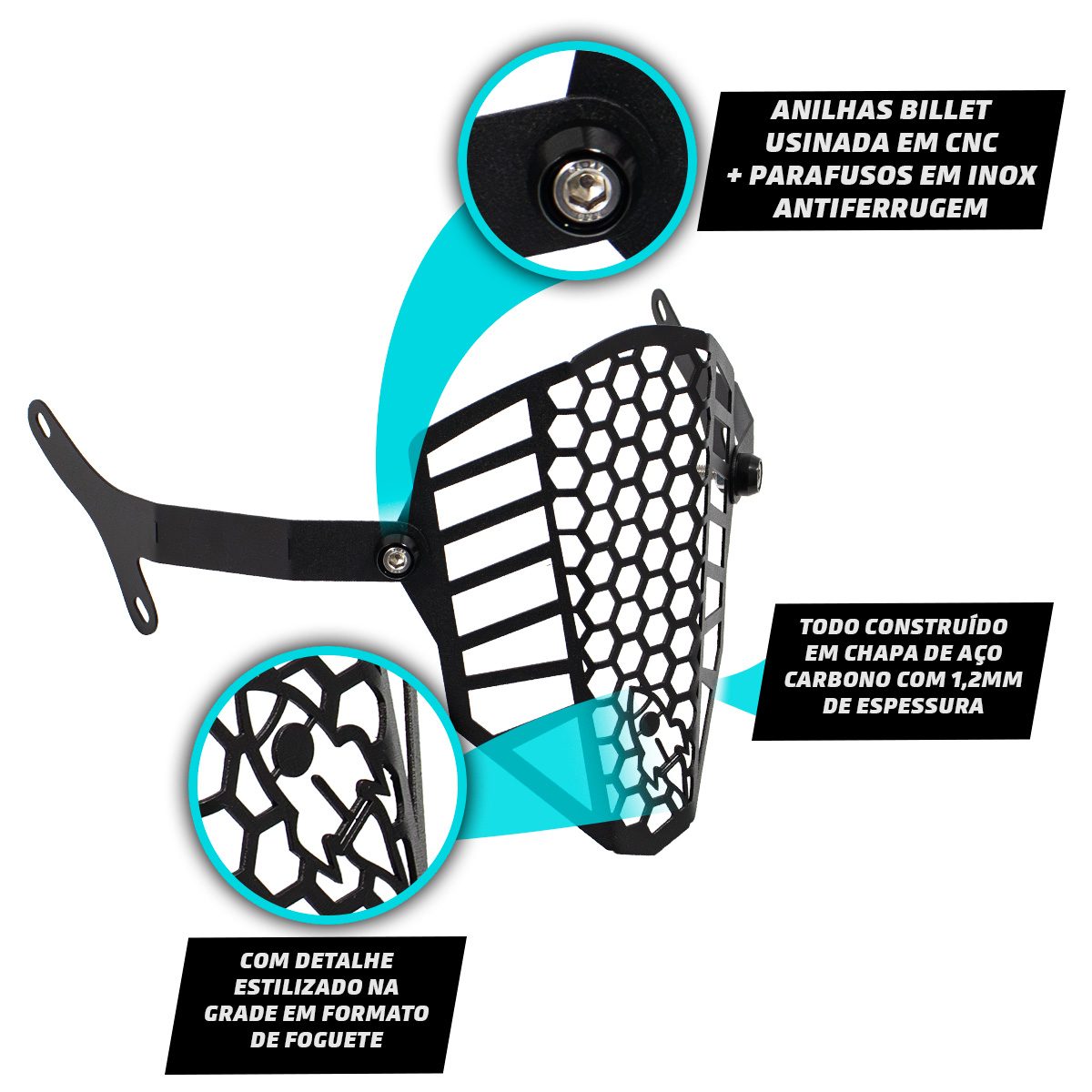 Protetor Farol Crosser Foguetão 2016 a 2023 + Suporte Protetor Farol Crosser - Preto - Imagem 4