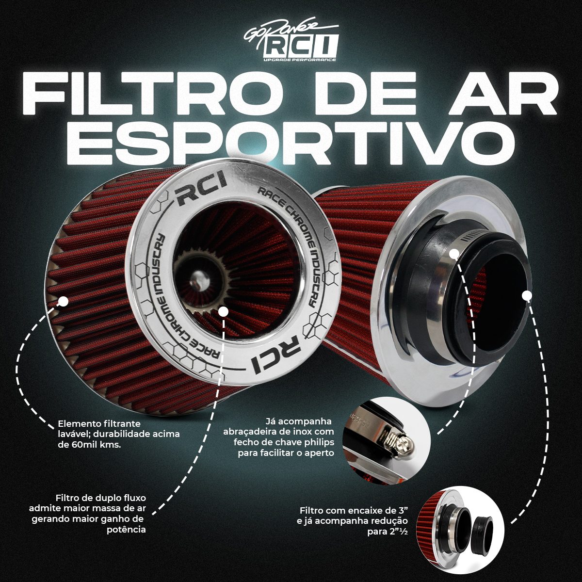 Filtro de Ar Esportivo Duplo Fluxo Alto 15X15CM Encaixe 75/62MM + Abraçadeira - Imagem 3