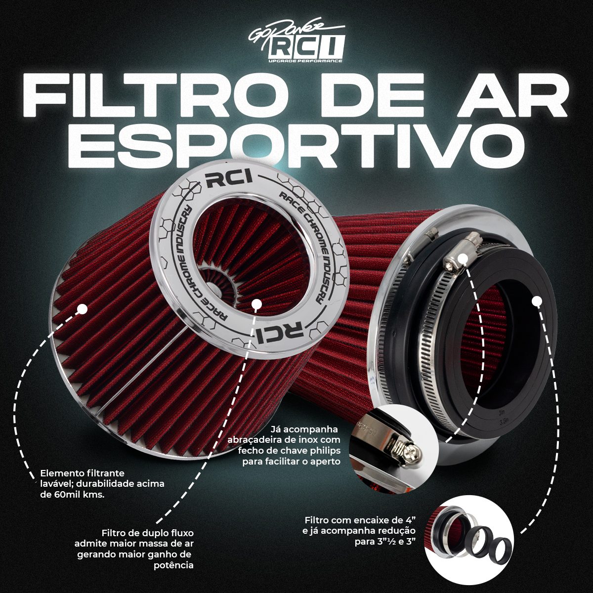 Filtro de Ar Esportivo Duplo Fluxo 4 Polegadas - Vermelho - Imagem 4