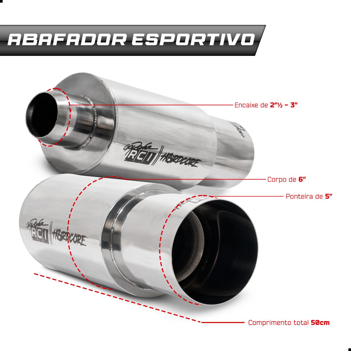 Abafador Corpo 6" / Interno 3" / Ponteira 5" / Comprimento Total 500MM / Encaixe 3" e 2" 1/2 - Imagem 2