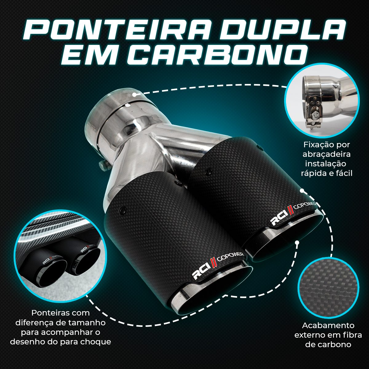 Ponteira Dupla Carbono Lado Direito (Rigth) 3 Pol - Encaixe 2,5 e 3 Pol - Imagem 3